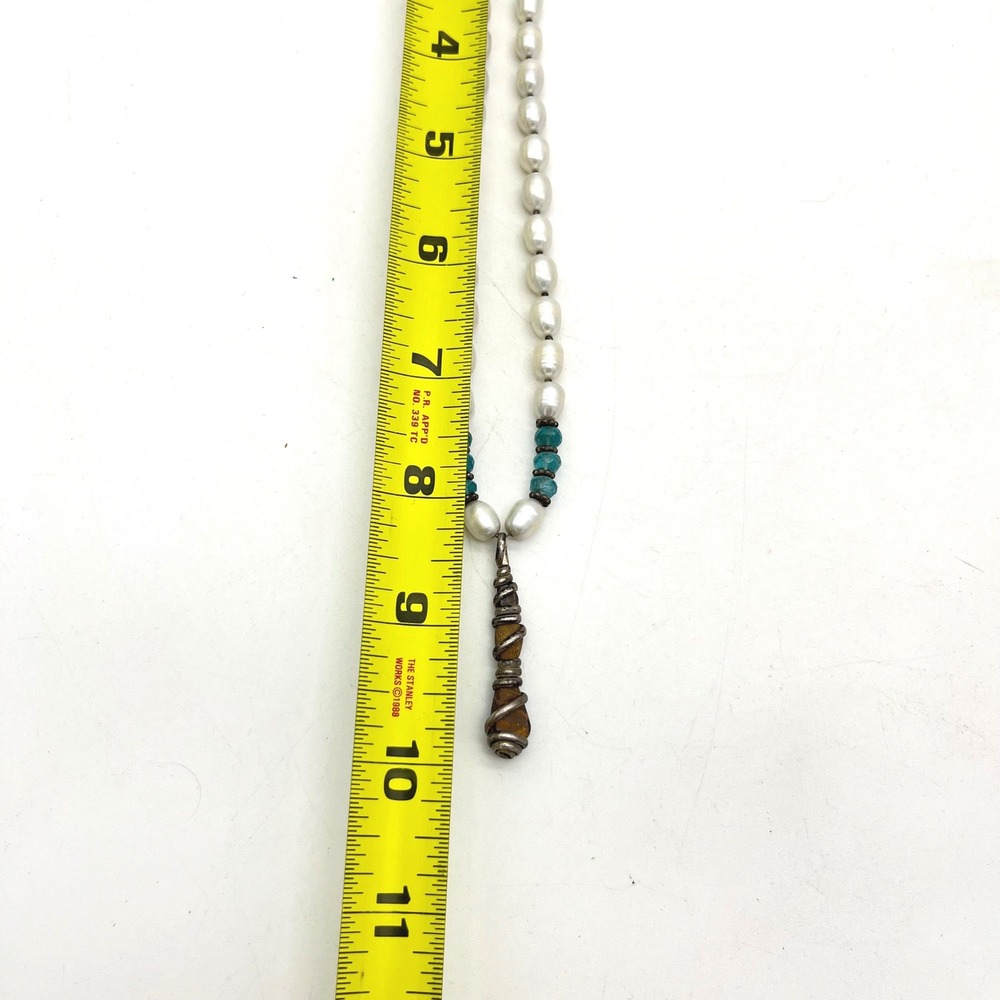 Faux Pearl Necklace Teal Beads Wire Wrapped Color Shift Pendant 16in - Picture 5 of 7